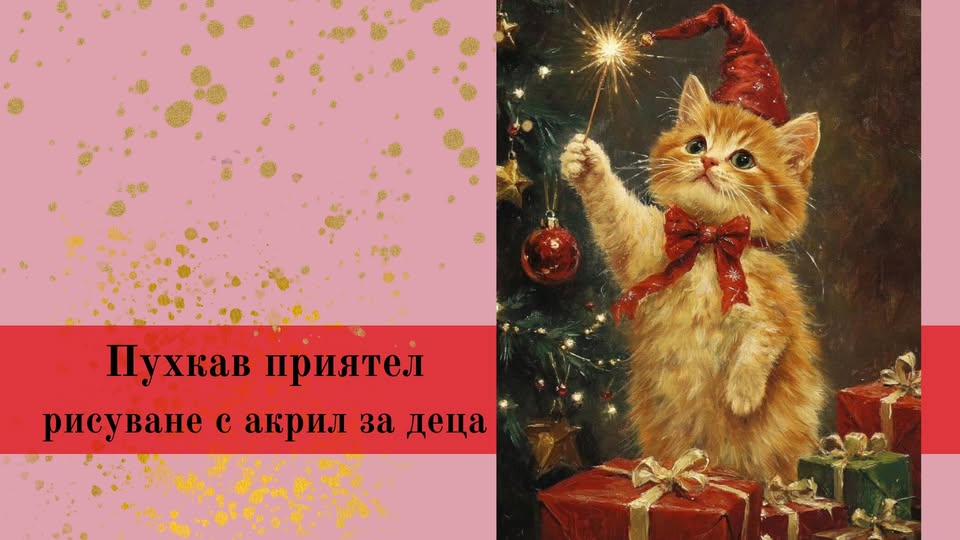 Рисуване с акрилни бои -Коледно коте за...